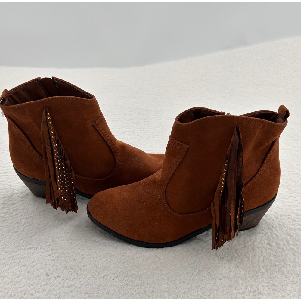 Girls Brown Faux Suede Fringe Studded Western Ankle Boots Size 5 Zip Cowgirls